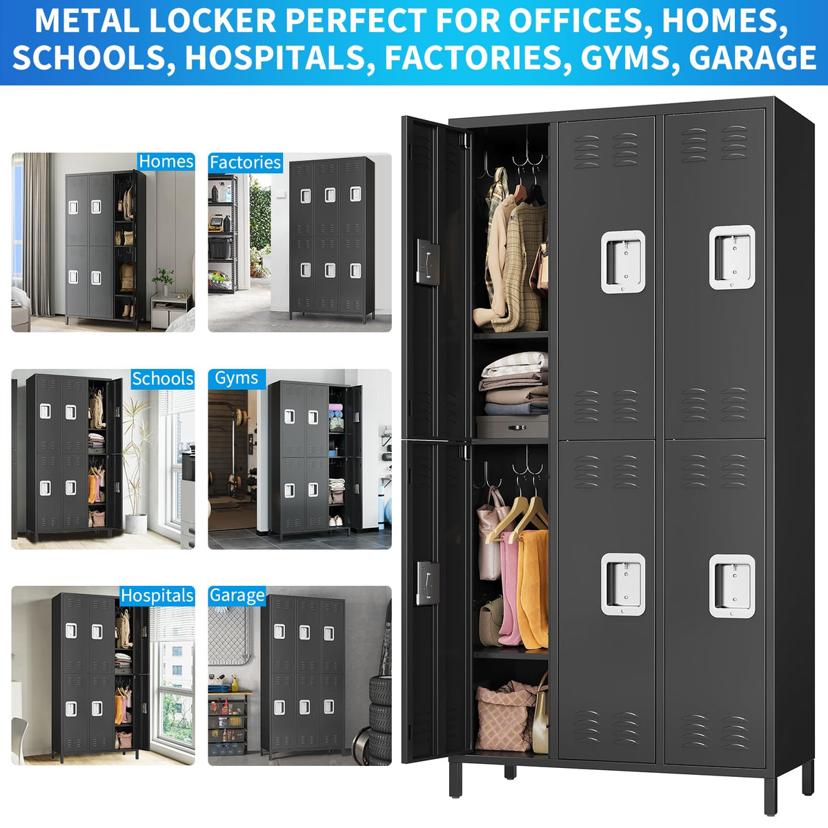 PioneerWorks 6-Door Metal Storage Locker with 18 Hooks, Heavy Duty Steel Locker for Gym, School, Office, Garage, Employee Locker Room, Home Organization, Black, Assembly Required