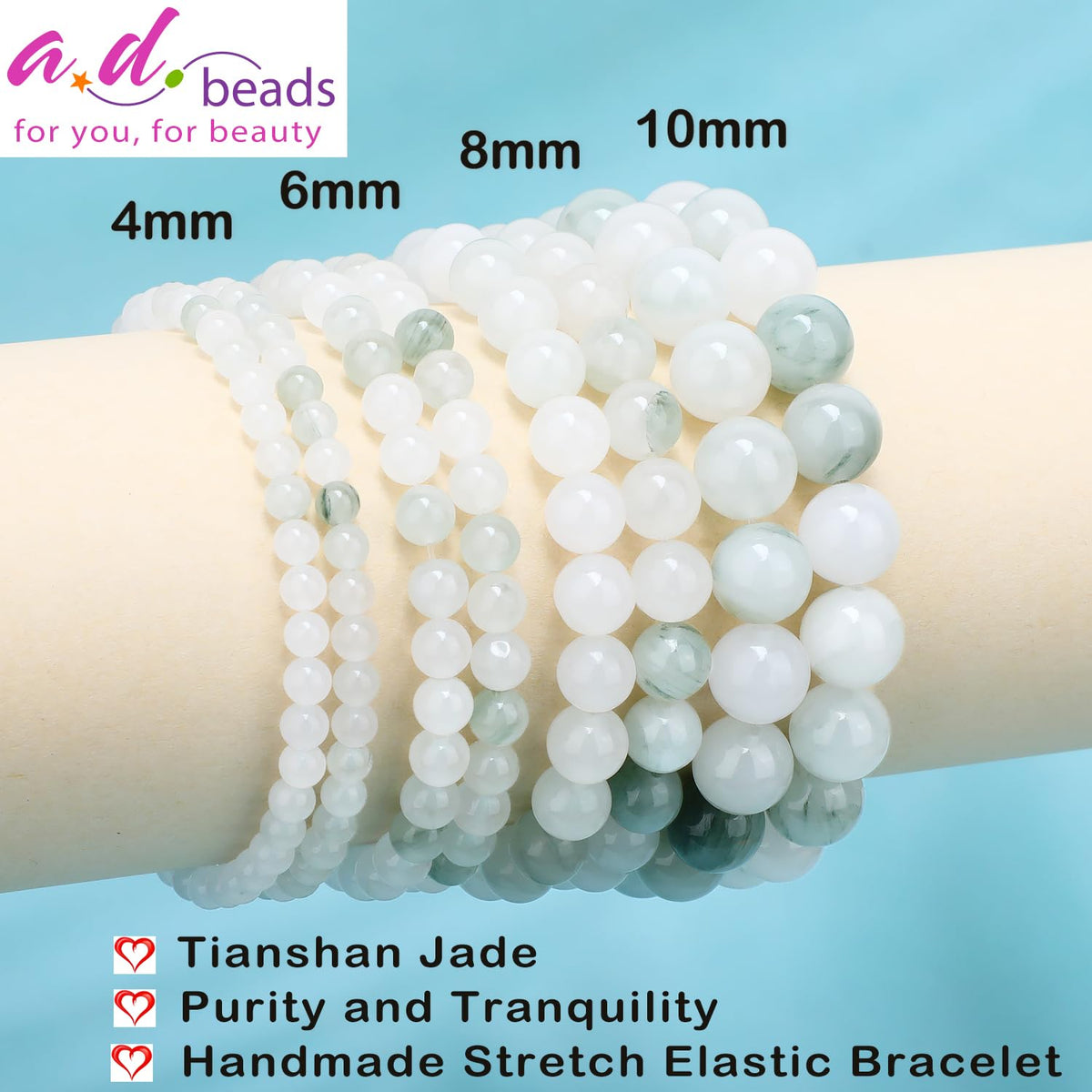 AD Beads 10mm Handmade Tianshan Jade Elastic Bracelet – Natural Gemstone for Purity and Tranquility – Meditation, Yoga, Healing and Energy Gift for Men Women