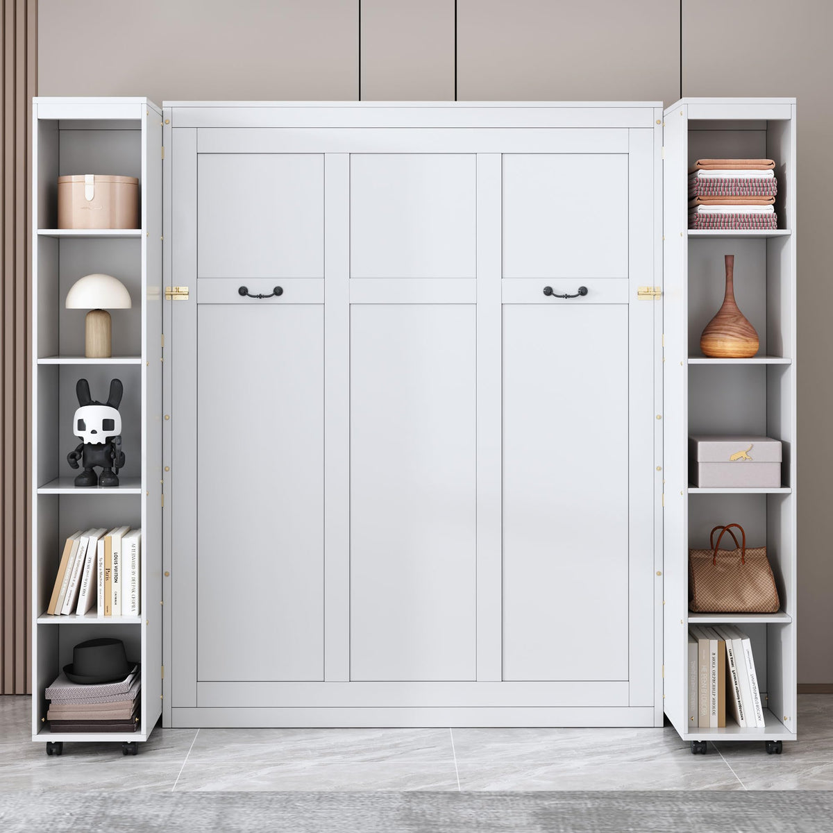 Merax Queen Size Murphy Bed with with 5-Tier Storage Shelves, Wooden Wall Bed Cabinet with Storage Doors, Foldable Platform Bedframe with Hydraulic Lift System for Guest Room and Bedroom