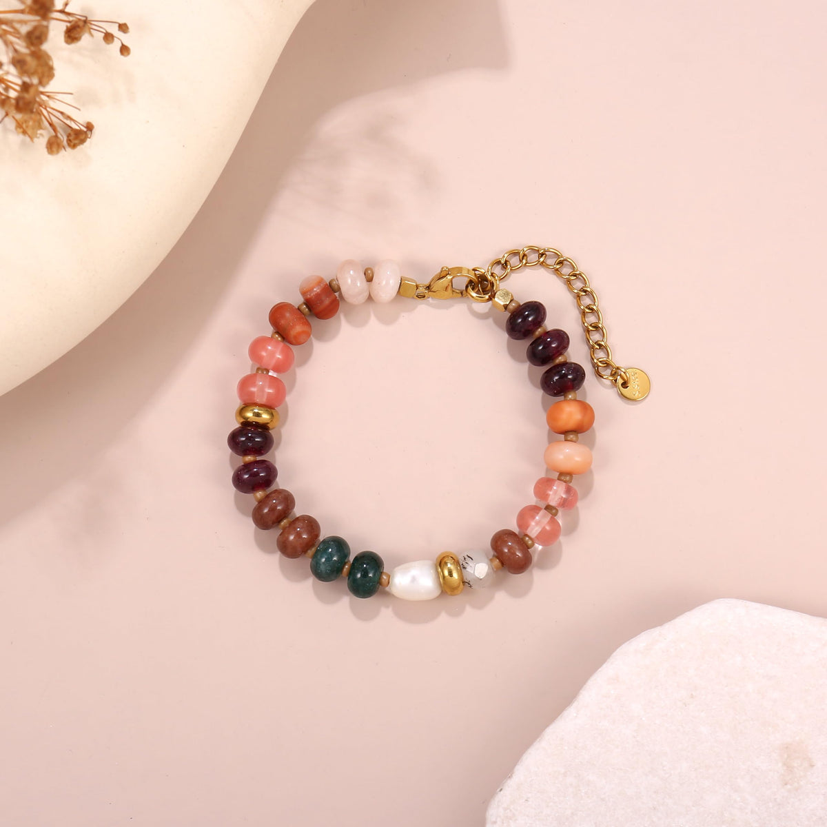 Badu Gemstone Beaded Bracelet for Women Colorful Natural Stone Freshwater Pearl Surfer Beach Rainbow Bracelet Jewelry Gift