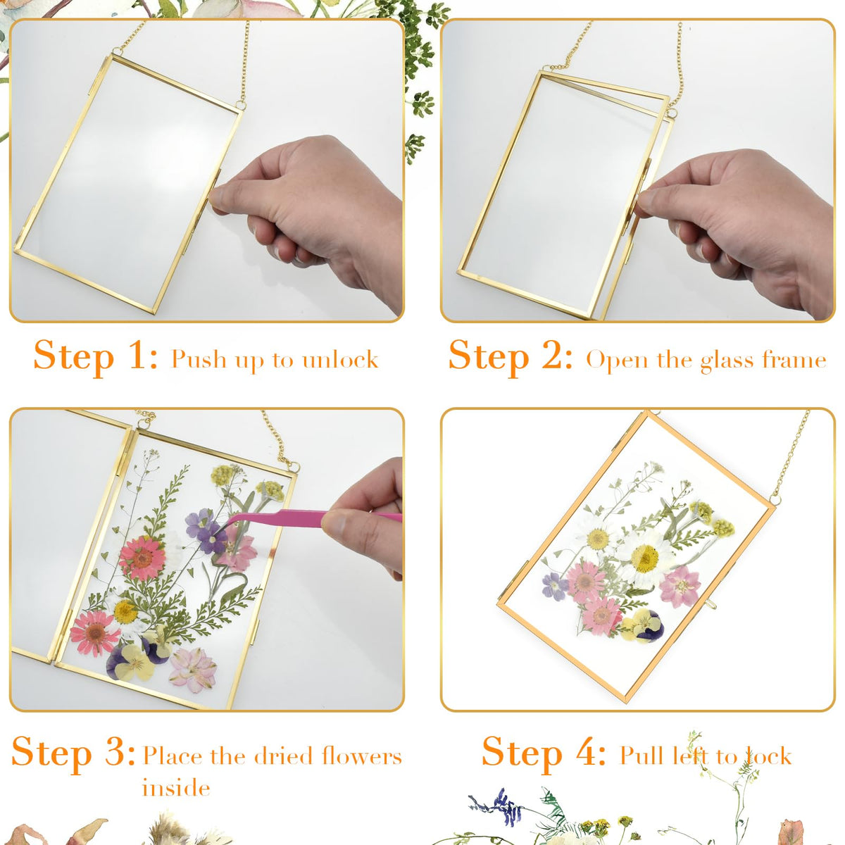 Pressed Flower Frames with Hanger & Tweezer & Dried Flowers, 4 x 6 Inch Wall Double Glass Floating Hanging Picture Photo Frame with Chain for Wall Decor and Display, Hanging Picture or Artwork (Gold)