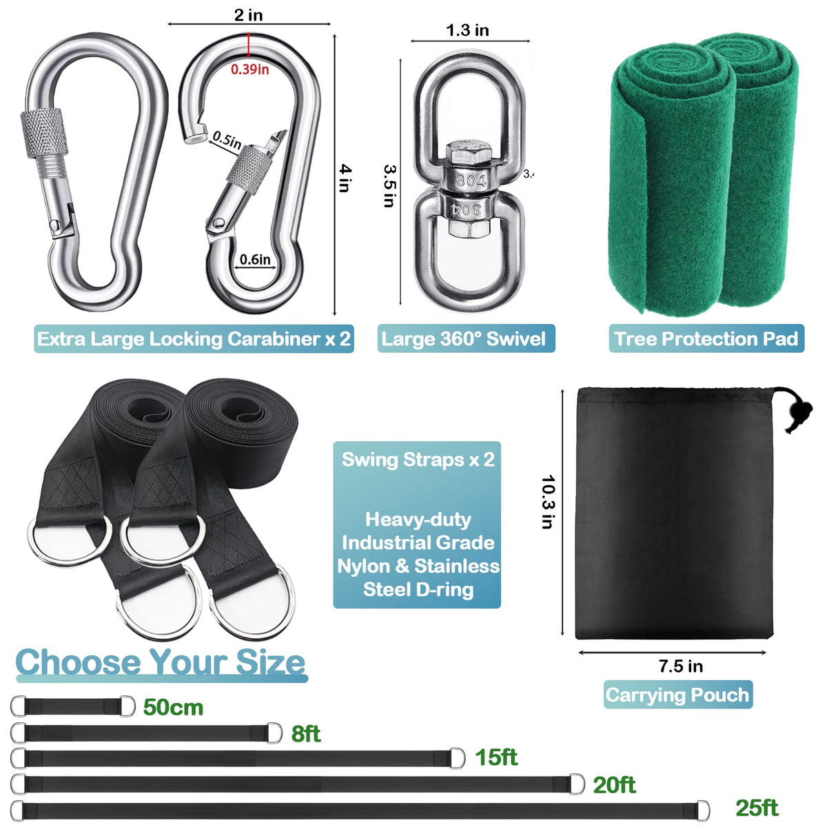 igolfluck Tree Swing Straps Hanging Kit 4FT/8FT/15FT/20FT/25FT, Extra Long Tree Swing Straps Holds 5500 lbs with Lock Carabiners & Tree Protectors, Safer for All Swing & Hammock (15FT)