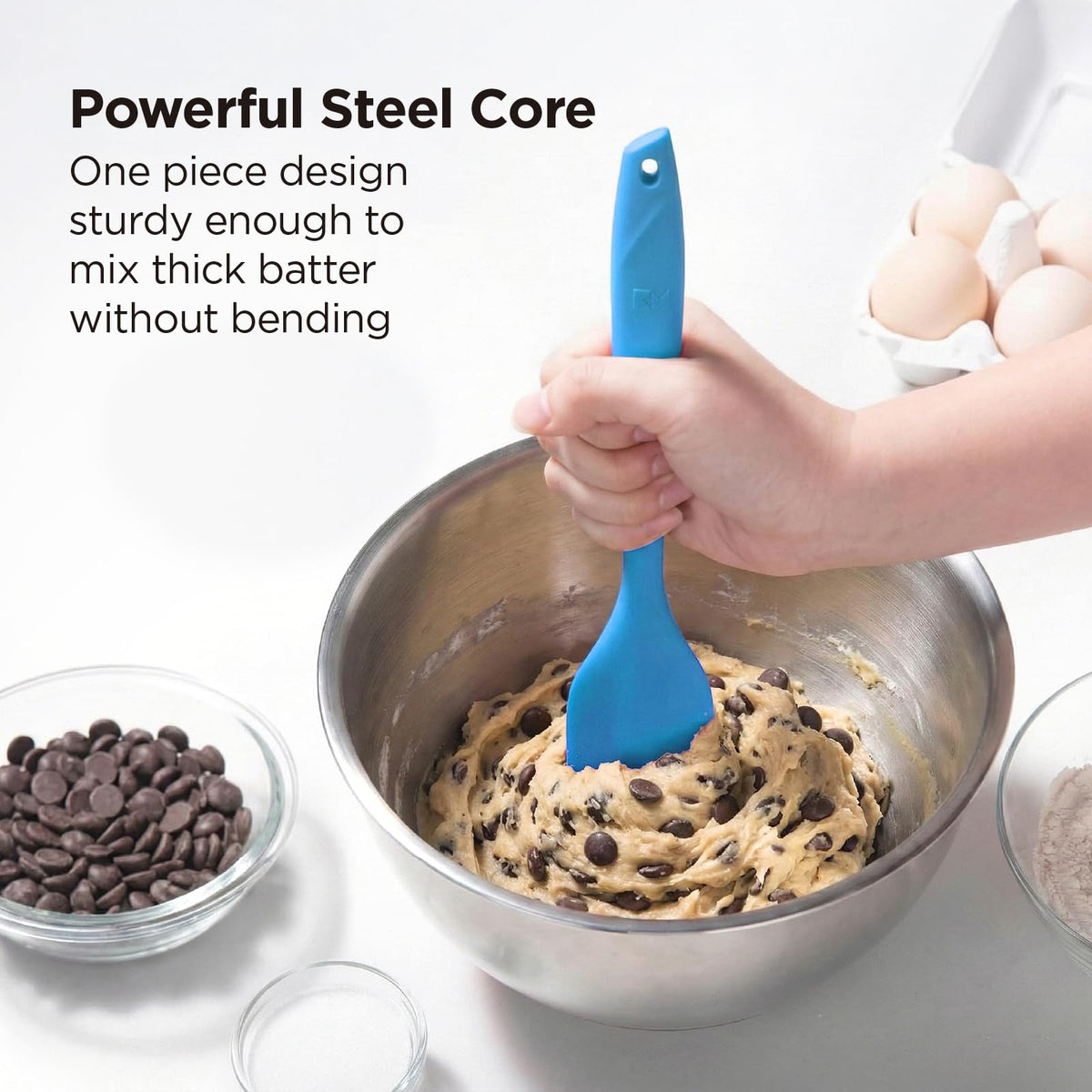 Kitchen Mama WaltzGrip Platinum Silicone Scraping Spatula: Heat Resistant, Seamless, Non Stick for Frying Pan Cookware, Safe, Flexible Bowl Scraper - Ideal for Mixing, Baking, Stirring (Blue)