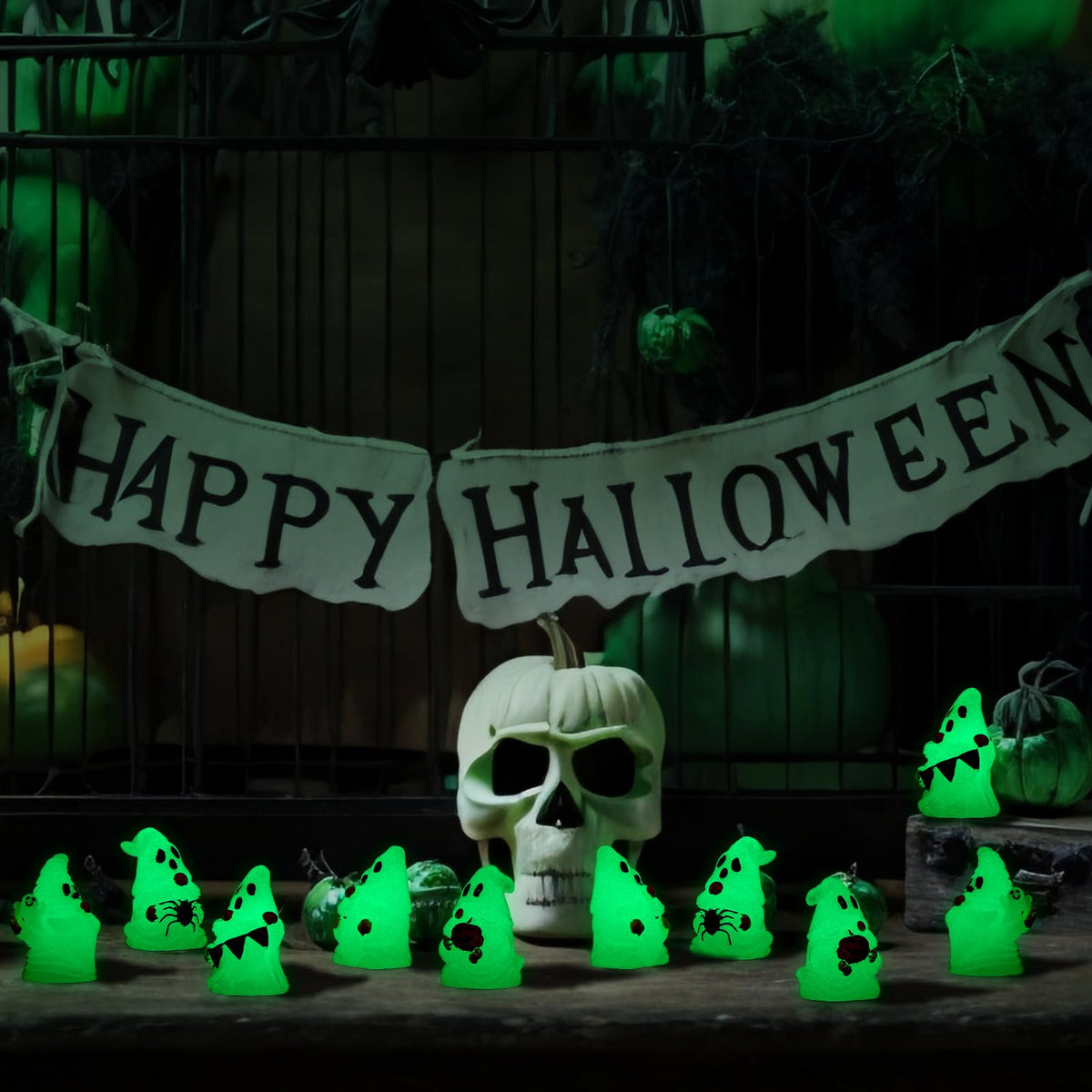 Quzzil 80 Pcs Halloween Glow in Dark Ghost Luminous Mini Resin Ghost Figurines Bulk to Hide Halloween Miniature Figurines Decorations for Landscape Patio Garden Yard Party Village Crafts