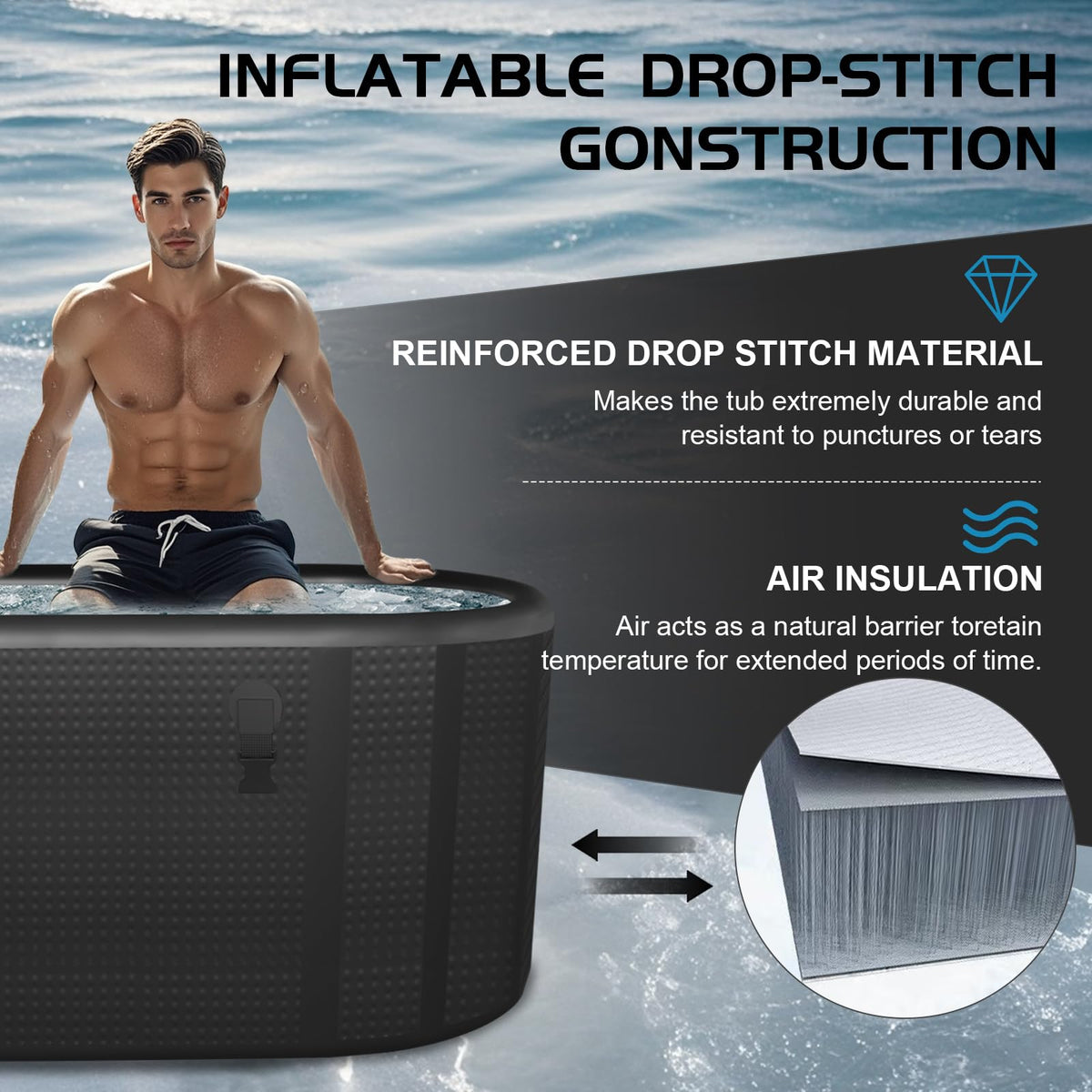 HotMax Drop Stitch Ice Bath Tub for Recovery 195 Gal, Compatible with Water Chillers, Cold Plunge Tub with Insulated Lid, Multi-layer Portable Tub for Cold Water Therapy(59IN*27.5IN*27.5IN)