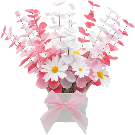 BAZIMA Felt Eucalyptus Daisy Bouquet,Felt Flowers,Multi-Color Felt Leaves,DIY Bouquet,Artificial Flower Bouquet with Flower Pot,Floral Gifts,15 Eucalyptus and 8 Daisies kit (Red Pink White)