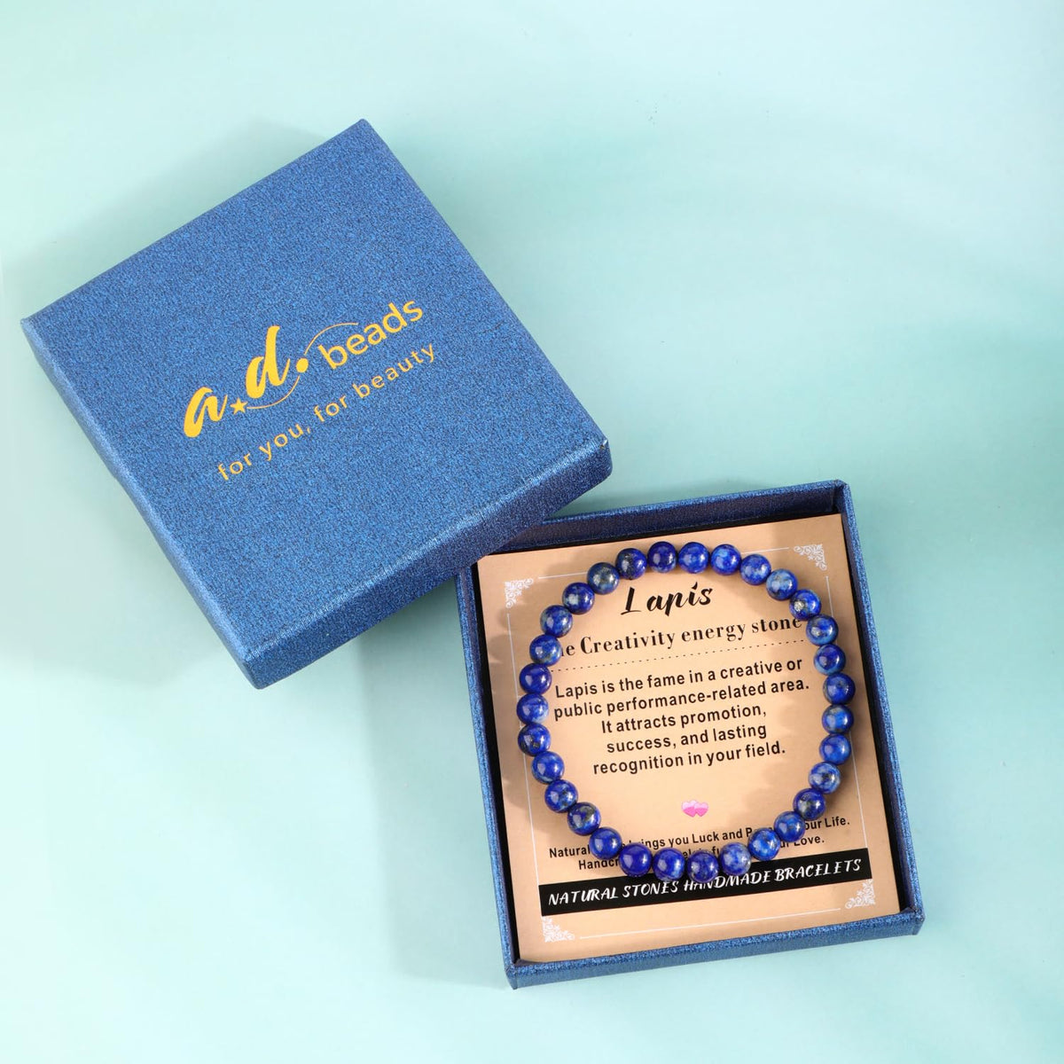 AD Beads 10mm Handmade Lapis Elastic Bracelet – Natural Gemstone for Profession Success – Meditation, Yoga, Healing and Energy Gift for Men Women