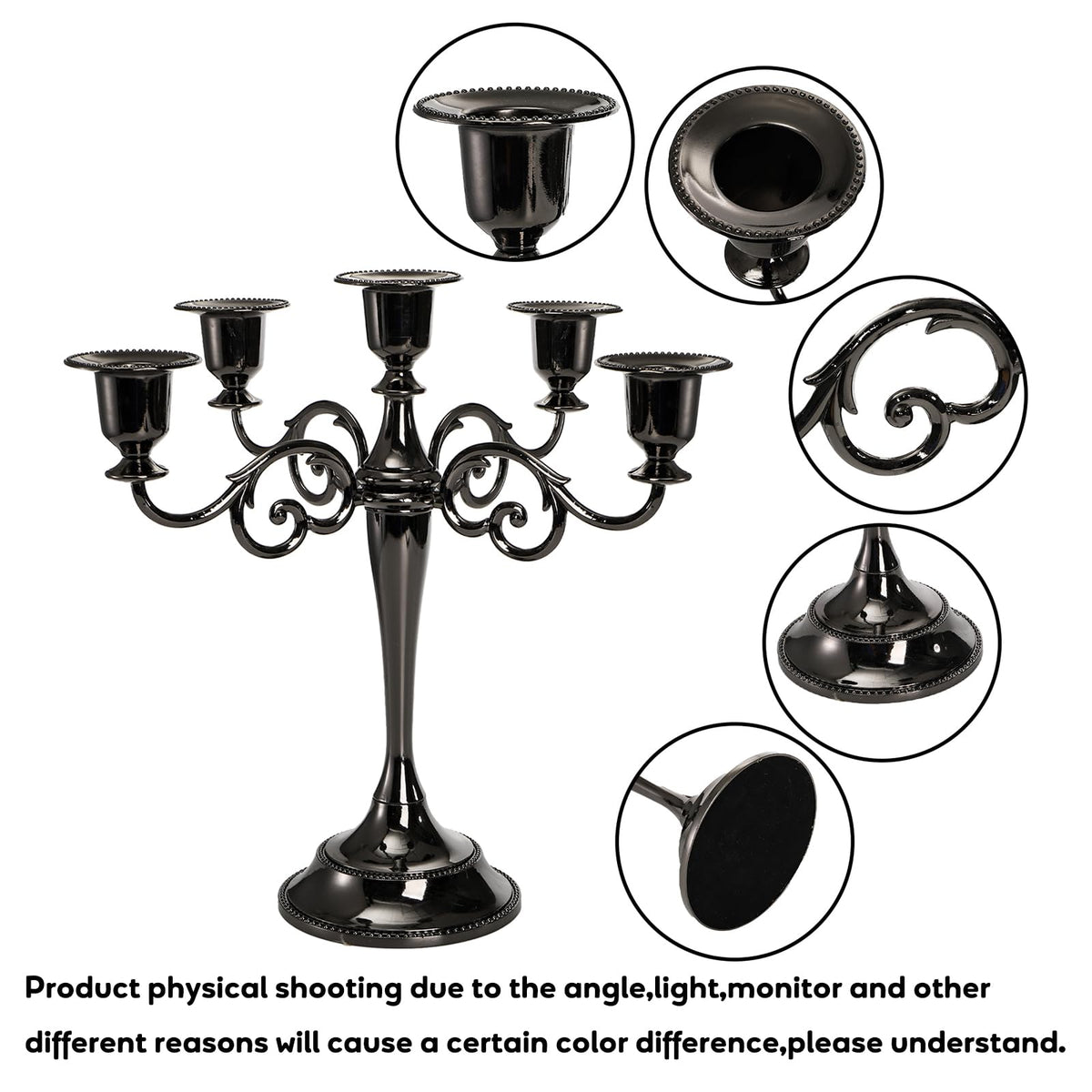 YOUEON 5 Arm Black Candelabra, Candelabra Candle Holder, 10 Inch Tall Candlesticks Holder, Elegant Taper Candle Holder Centerpiece for Wedding, Church, Halloween, Dining, Home Decor