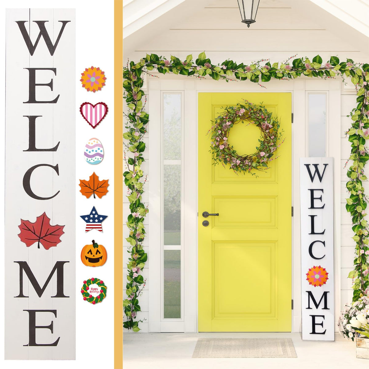 Extra Large 5FT Premium Wooden Interchangeable Welcome Sign for Front Door Porch Sign - 5 ft (58 x 11 Inch) 8 Magnetic Seasonal Tiles, Fall Porch Signs, Holidays and Seasons, Weather Resistance Standing welcome sign Outdoor and Indoor (White)