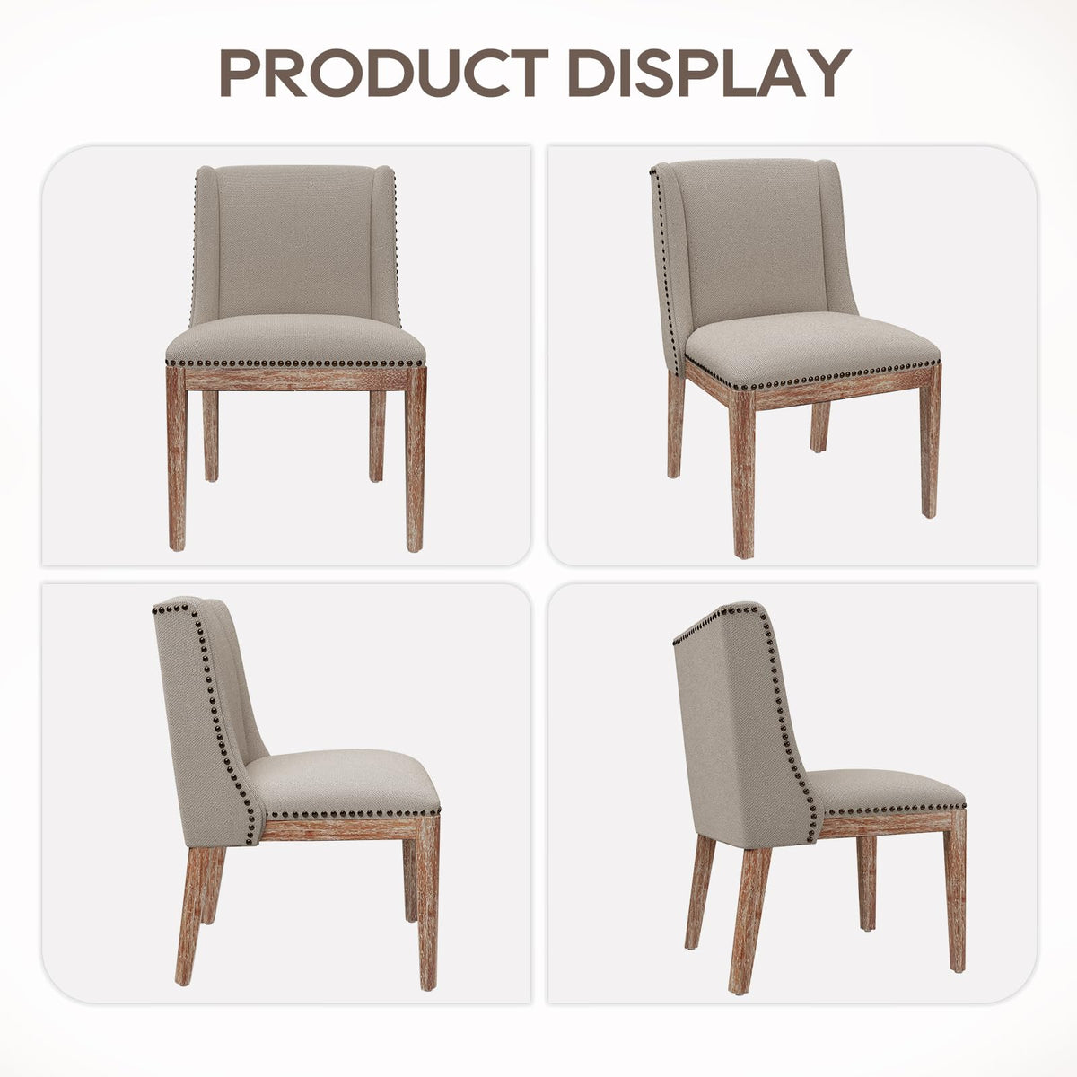 MALOL Upholstered Dining Chairs Set of 4, Premium Fabric Accent Chairs with Nailhead Trim, Curved Backrest & Solid Wood Legs for Dining Room, Kitchen & Living Space, Beige