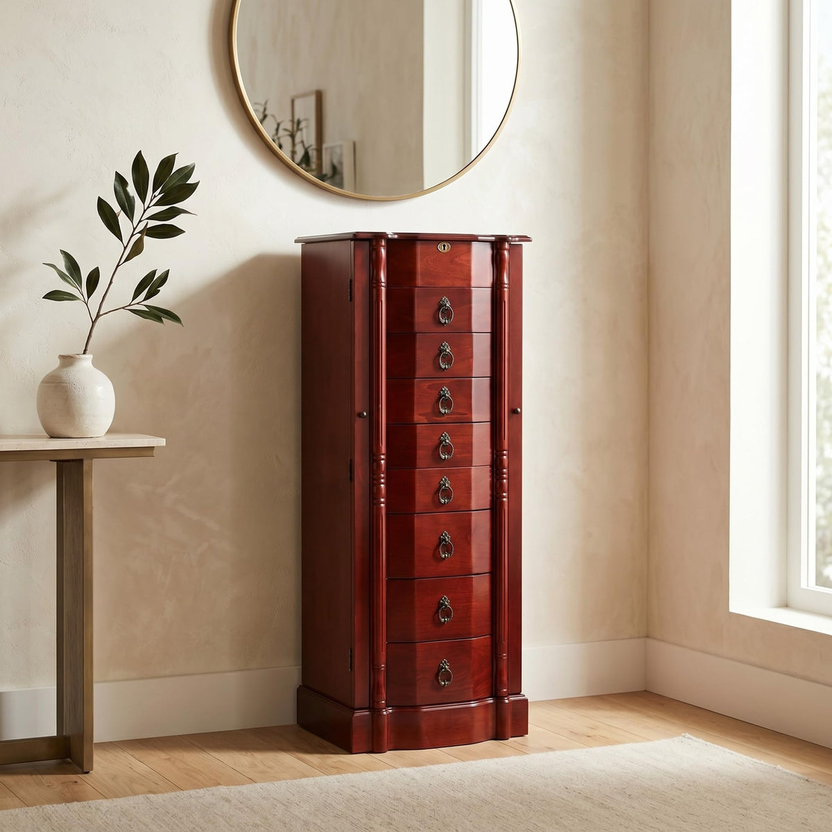 Hives and Honey Robyn Standing, Locking Antique Organizer with Mirror, 8 Drawers, Necklace Hooks, Anti-Tarnish Lining, Fully Assembled, Solid Wood Jewelry Armoire, 38"H x 14"W x 10"D, Cherry