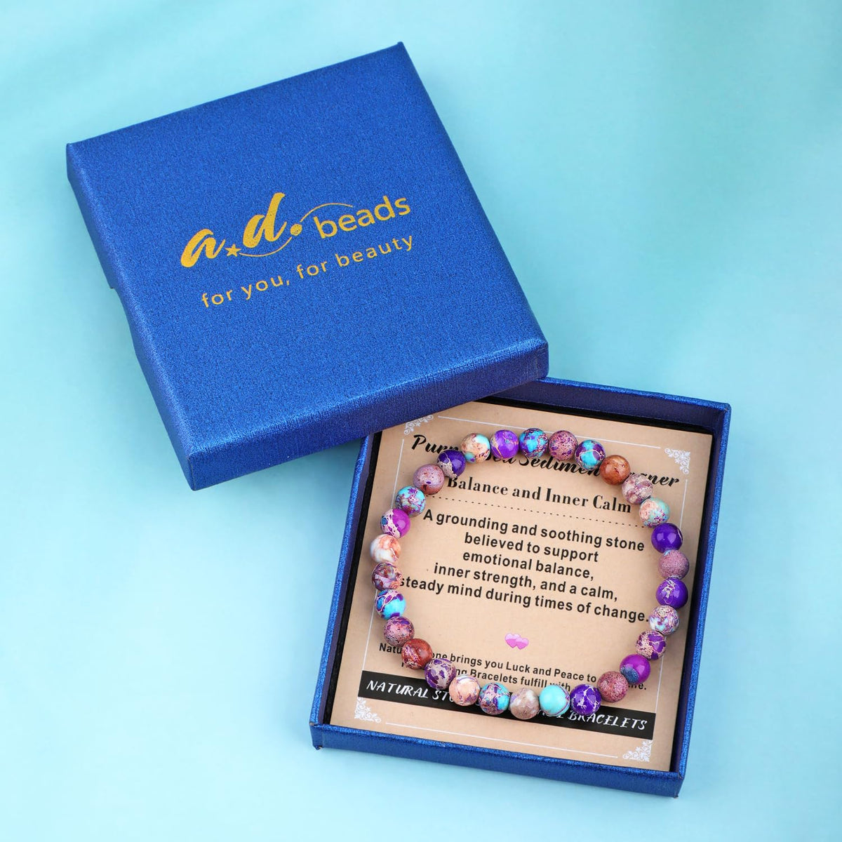 AD Beads 8mm Handmade Purple Sea Sediment Imperial Jasper Elastic Bracelet – Natural Gemstone for Joy & Positivity – Meditation, Yoga, Healing and Energy Gift for Men Women