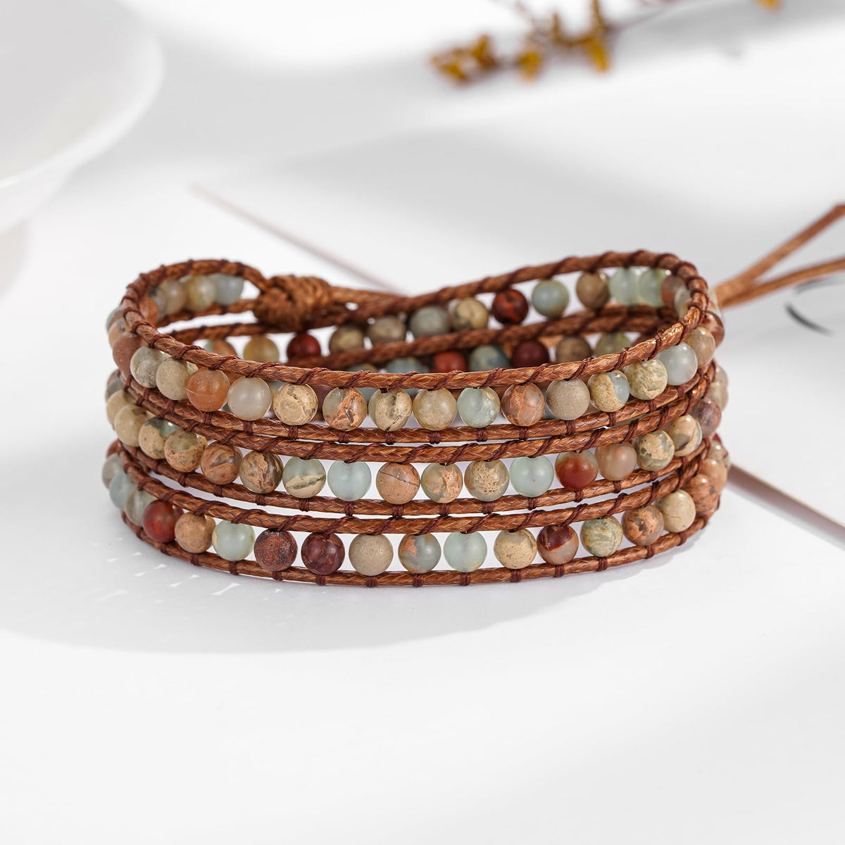 Plumiss Women Unique Natural Agalmatolite 4mm Bead Healing Stone 3 Wrap Bracelets Gift