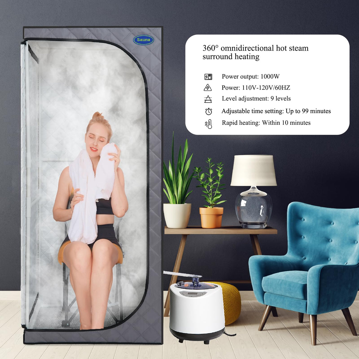 Gecheer Full-Size Portable Grey Steam Sauna Tent for Home Use – Includes Steam Generator, Remote Control, Foldable Chair, Timer, PVC Frame & 360° Steam Nozzles
