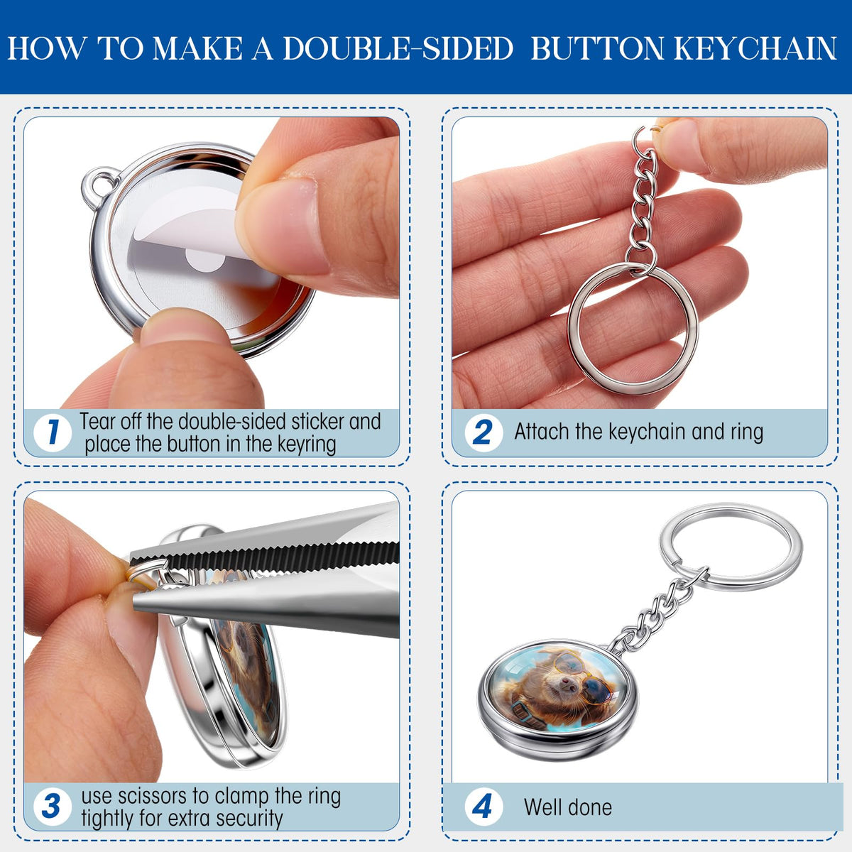 Quelay 60 Sets Keychain Button Making Supplies Double Sided Keychain Double-Sided Metal Parts for Hand Press Round Badge Crafts Create DIY Custom Buttons(25mm,Electroplating)