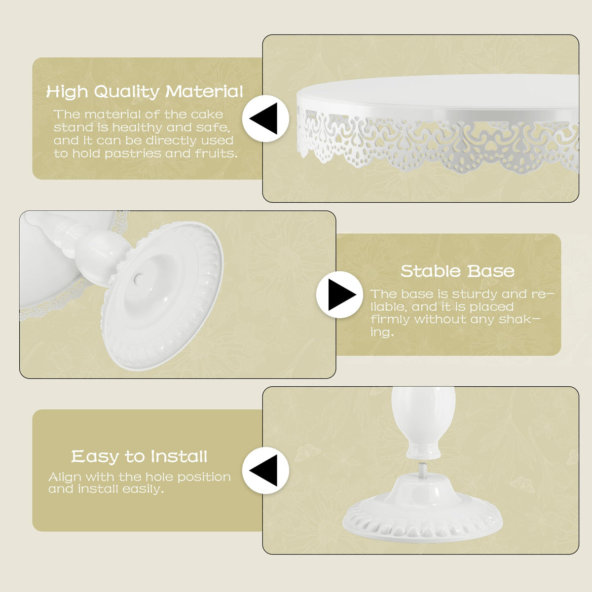 VMFKPNR 3 PCS White Cake Stands (8"&10"&12" Plate), Cupcake Stand with a lace Hollow Border Metal Cake Stand Set for Birthday Party, Wedding, Anniversary, Baby Shower