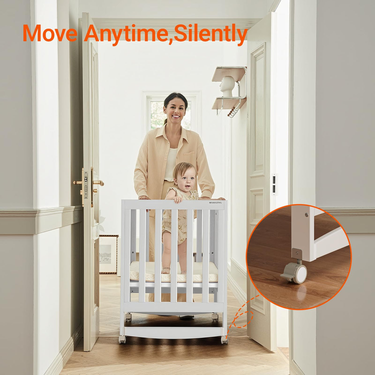 MAMAZING EvoNest Baby Crib, 11 in 1 Convertible Crib with Wheels, 100% New Zealand Wood Growing Bed, Full Size Crib for Baby, 4 Adjustable Mattress Height, White