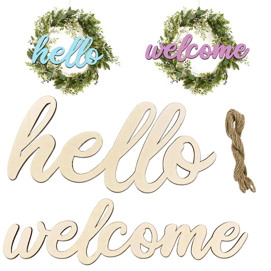 WOODOUNAI 10 Pcs Unfinished Wooden Hello & Welcome Sign Wooden Cutout Letter Hello Welcome Sign for Wreath DIY Art Blank Decorative Word Signs for Door Wall Christmas Trees Home Decor (Wood)