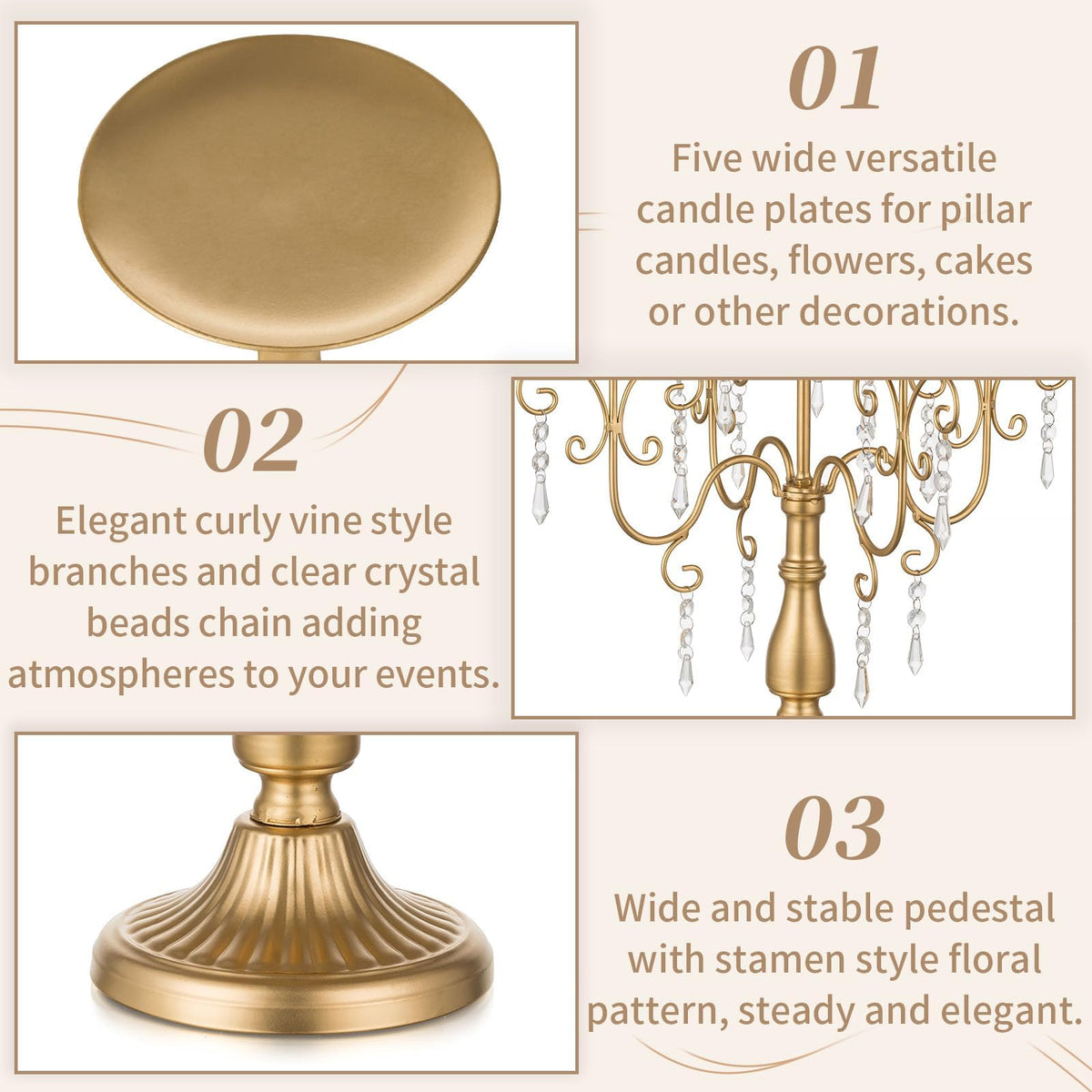 Sziqiqi Gold Candelabra Candle Holder - 5 Arm Pillar Candle Holders with Crystal Beads for Christmas Table Centerpiece Halloween Wedding Candleholders Decoration Set of 2