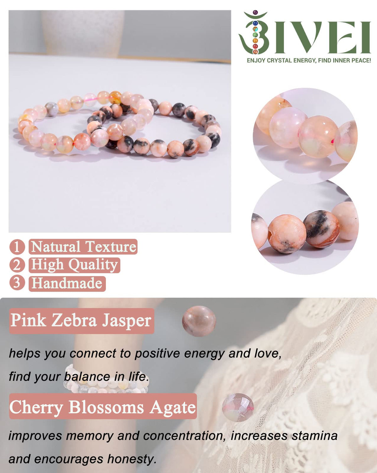 Bivei Natural Gemstone Semi Precious Crystals Handmade Stretchy Round Beads Bracelet, Enhance Positive Energy,Stocking Stuffers for Women(Pink Jasper & Sakura Agate (Positive Energy& Love) Large)