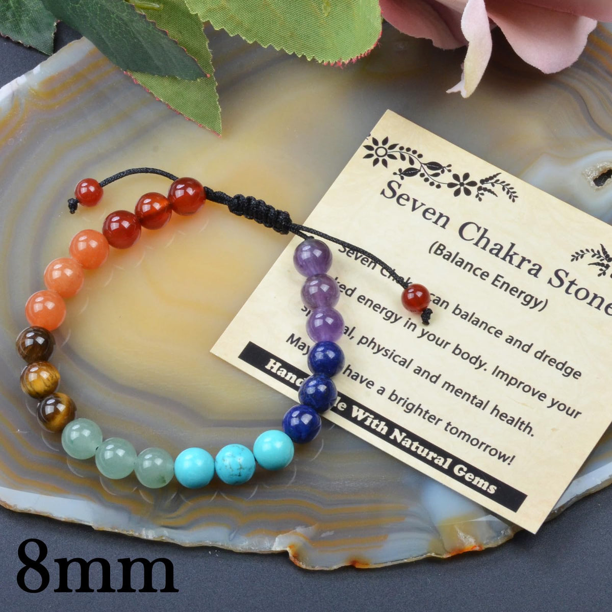 CHCCOYE 8mm Handmade Adjustable Natural Gemstone Crystal Bracelet Healing Power Energy Inspirational Gifts with Card for Unisex (Seven Chakra Stones)