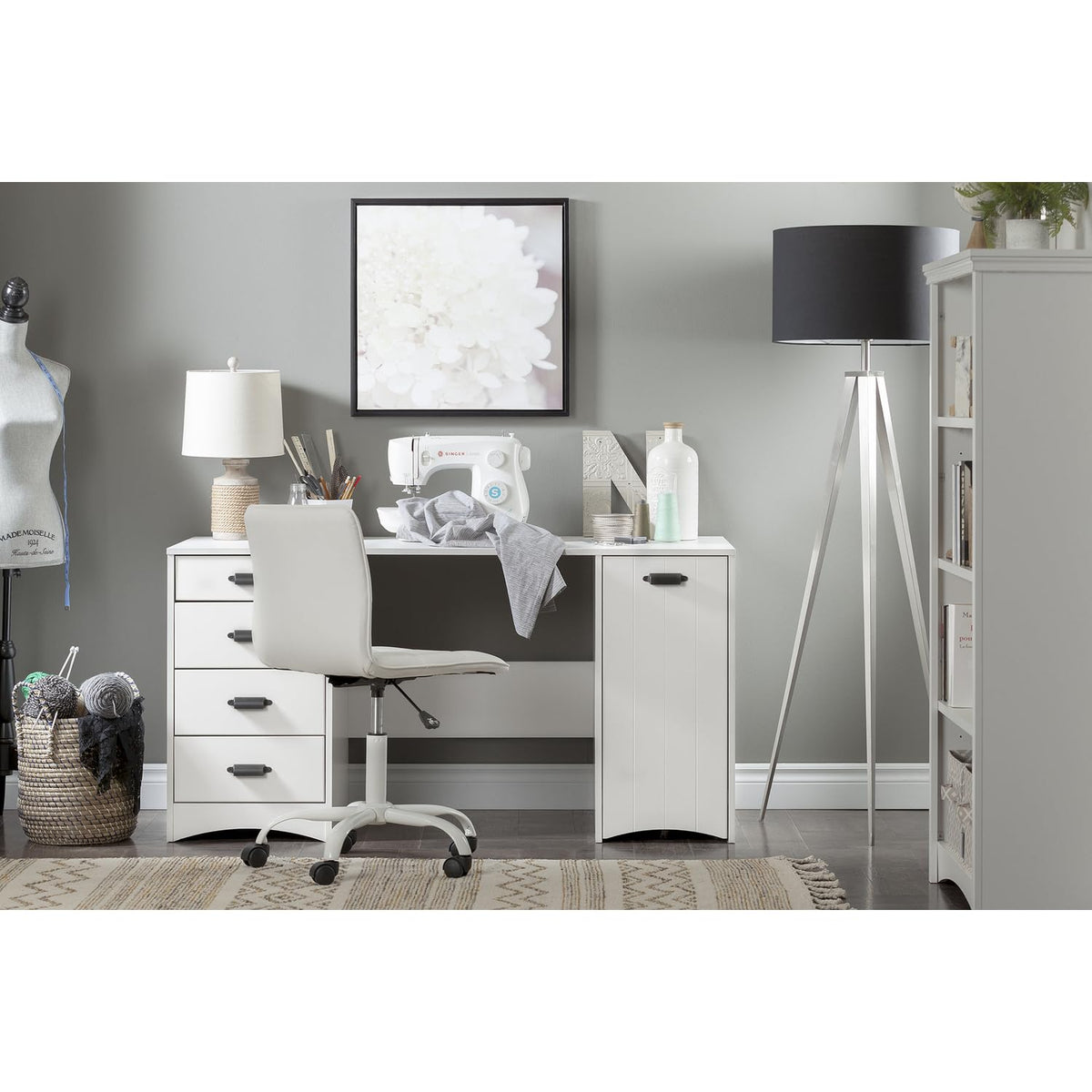 South Shore Artwork Sewing Craft Table with Storage Drawers and Scratchproof Surface, Pure White