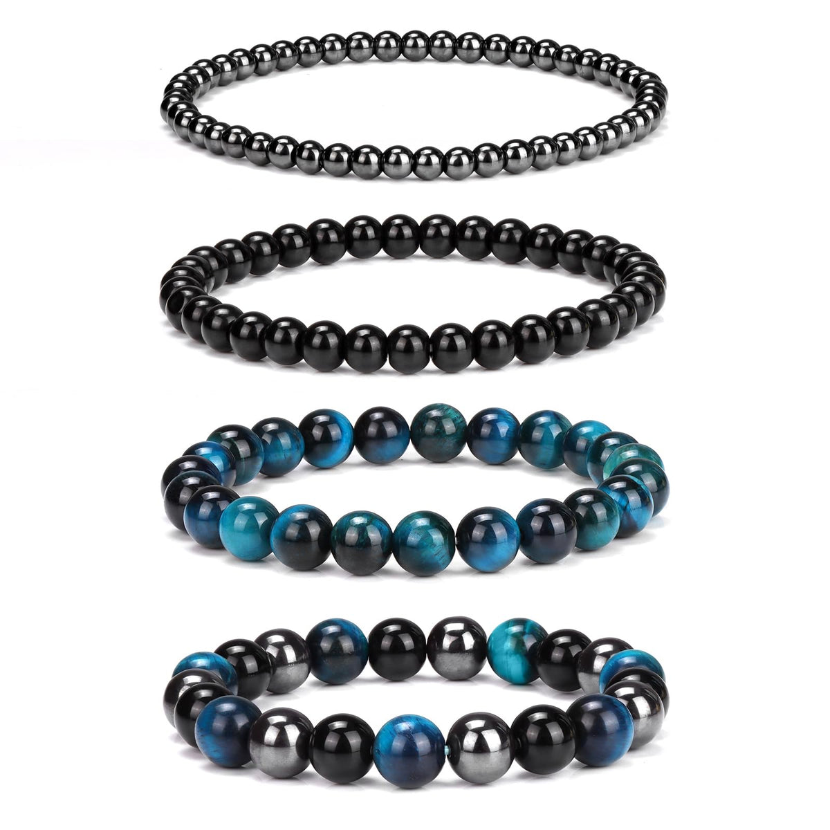 Vinswet 4pcs Natural Stone Beaded Bracelets for Women Men,Healing Crystal Gemstones Stretch Bracelet,4mm 6mm 8mm 10mm Blue Tiger Eye Black Obsidian Hematite Anxiety Stress Relief Bracelet Jewelry Gifts