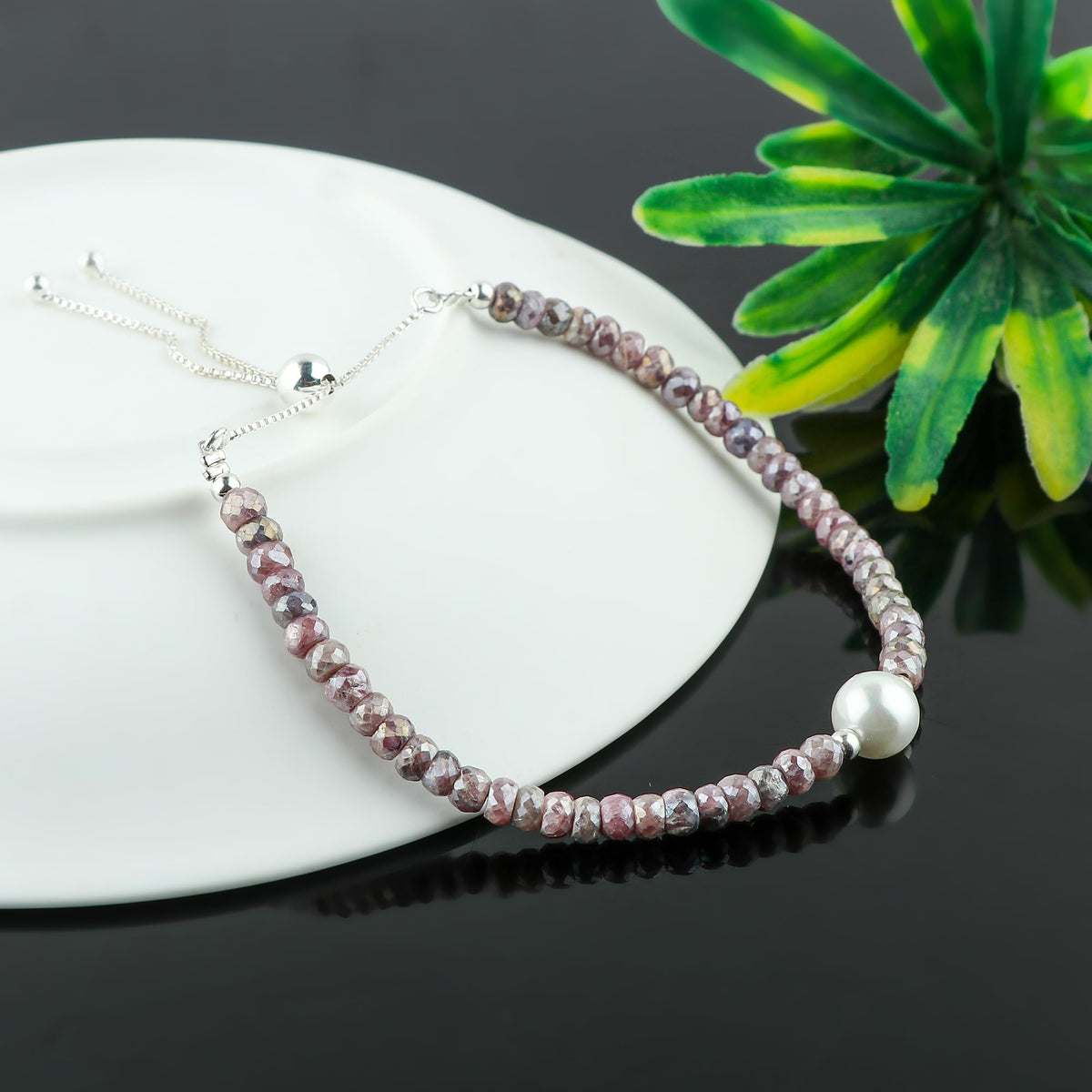 CRYSTALINES Coated Silverite Gemstones Beads Bolo Bracelets with Pearl, Handmade, Birthstone, Beaded Bracelet, Crystals Jewelry, Women Bracelet, Silver Plated Adjustable Chain 10inch