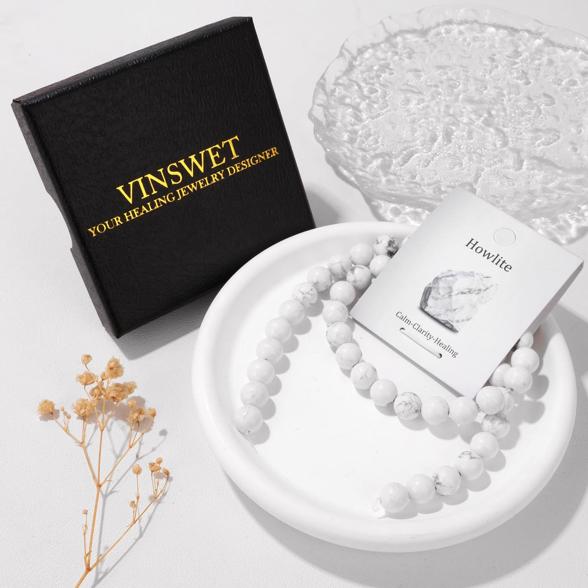 Vinswet 45pcs 8mm Howlite Natural Stone Beads Round Genuine Real Stone Beading Loose Gemstones DIY Smooth Bead for Bracelet Necklace Earrings Jewelry Making