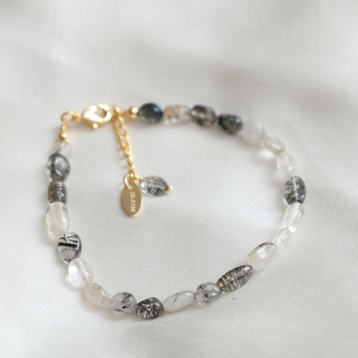Gempires Gift Black Rutile Crystal Bracelets for Women, Beaded Bracelets, Oval Shape Crystals, Black Crystal Bracelets, Handmade, 8 inch 14k Gold Plated Adjustable Chain