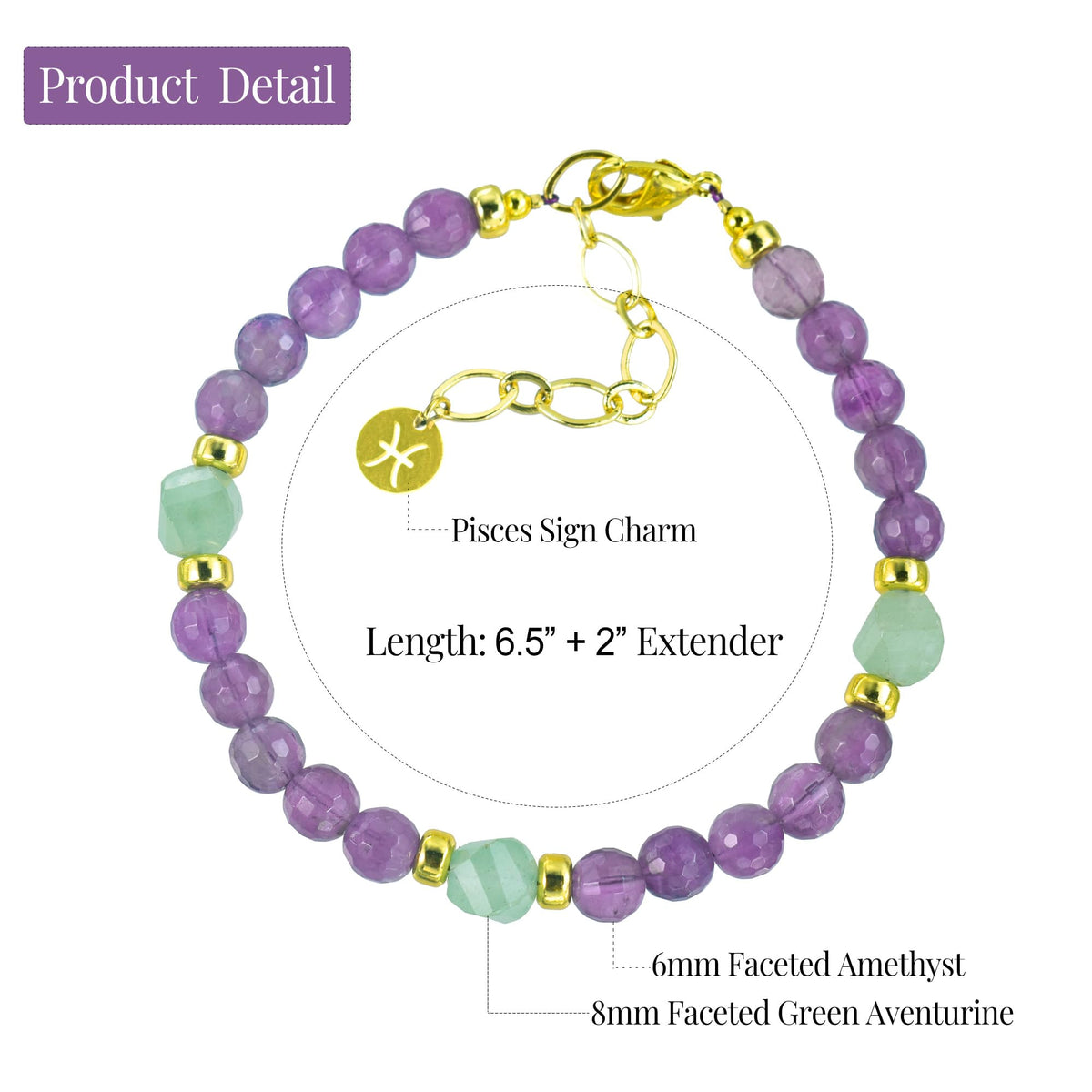 Ayriwoyi Pisces Zodiac Bracelet 12 Constellations Healing Crystal small Beads Birthstone Bracelets Amethyst Green Aventurine Beaded Bracelet Birthday Gift for Women
