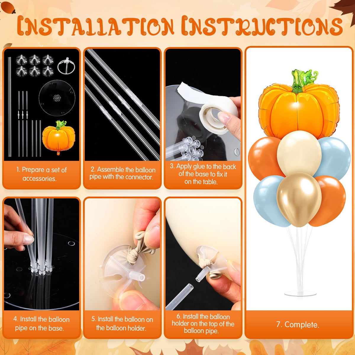 Seematn 2 Set Fall Balloon, Pumpkin Foil Balloons Stand Kit for Table Centerpiece for Baby Shower Thanksgiving Mid Autumn Birthday Wedding Party Decoration Beige, Gold, Burnt Orange, Blue