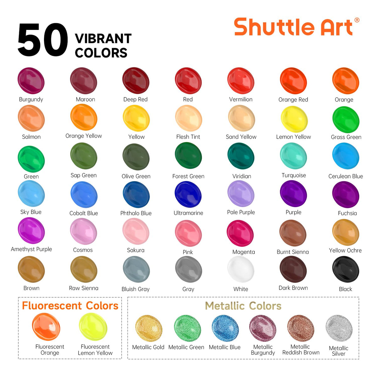 Shuttle Art Acrylic Paint, 50 Colors Acrylic Paint Set, 2oz/60ml Bottles, Rich Pigments, Water Proof, Premium for Artists, Beginners and Kids on Canvas Rocks Wood Ceramic Fabric