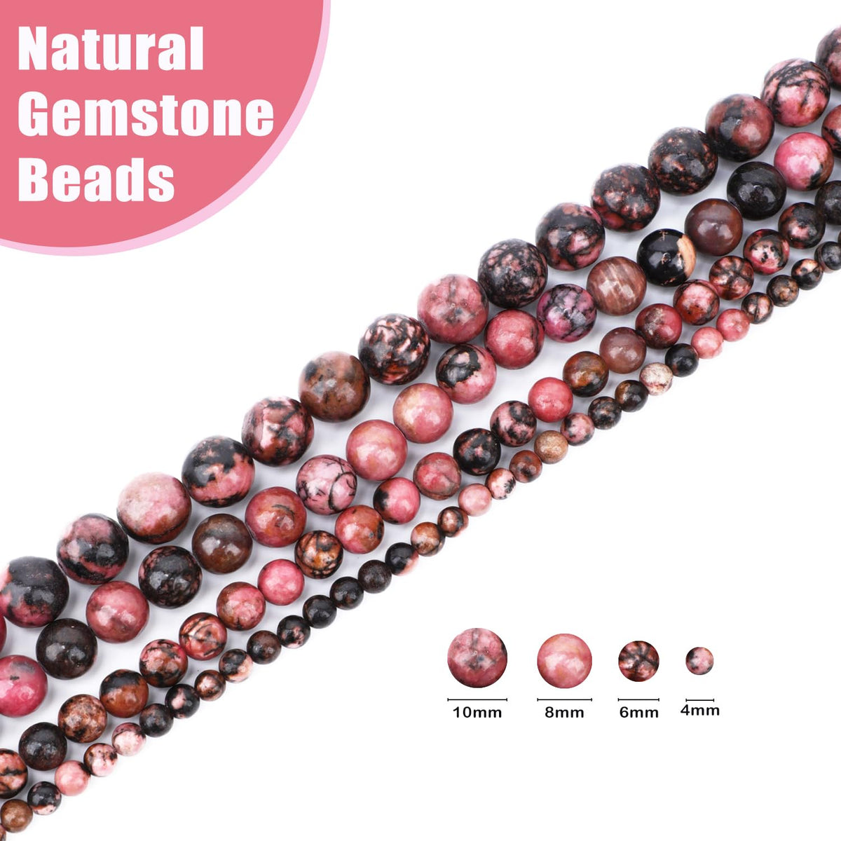 CMBYN Natural Stone Beads Round Genuine Real Stone Beading Strand Loose Gemstones DIY Smooth Bead for Bracelet Necklace Earrings Jewelry Making (Pink Black Rhodonite, 10mm 36 Pieces)