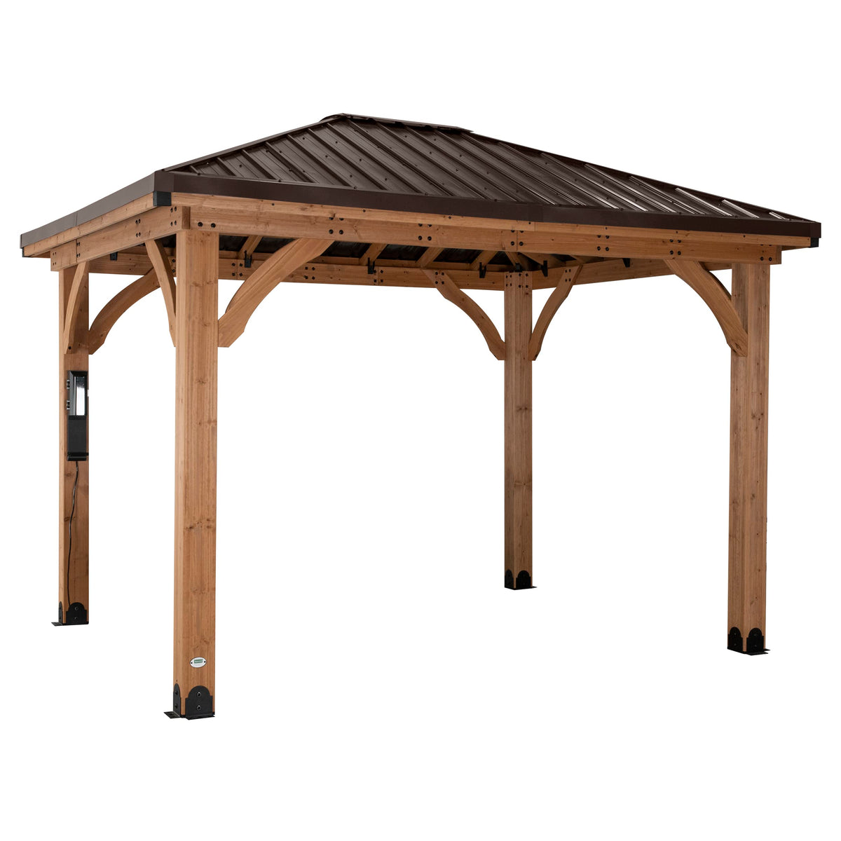 Backyard Discovery Barrington 10' x 10' Cedar Wood Outdoor Gazebo Pavilion with Hardtop Galvanized Steel Hip Roof, Snow Support, Wind Resistance, PowerPort, Shade for Garden, Patio, Deck, Entertaining