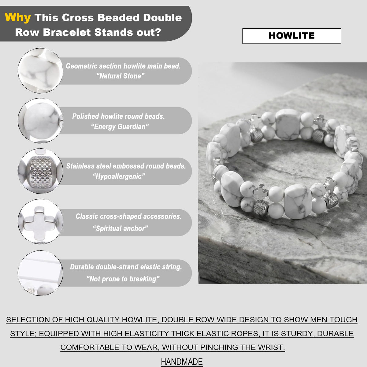 Christian Gifts for Men, Jesus Cross Bracelet for Men Handmade Double Elastic Beaded Bracelets Natural Crystal Gemstone Religious Jewelry for Boyfriend Husband Birthday Anniversary (Howlite)