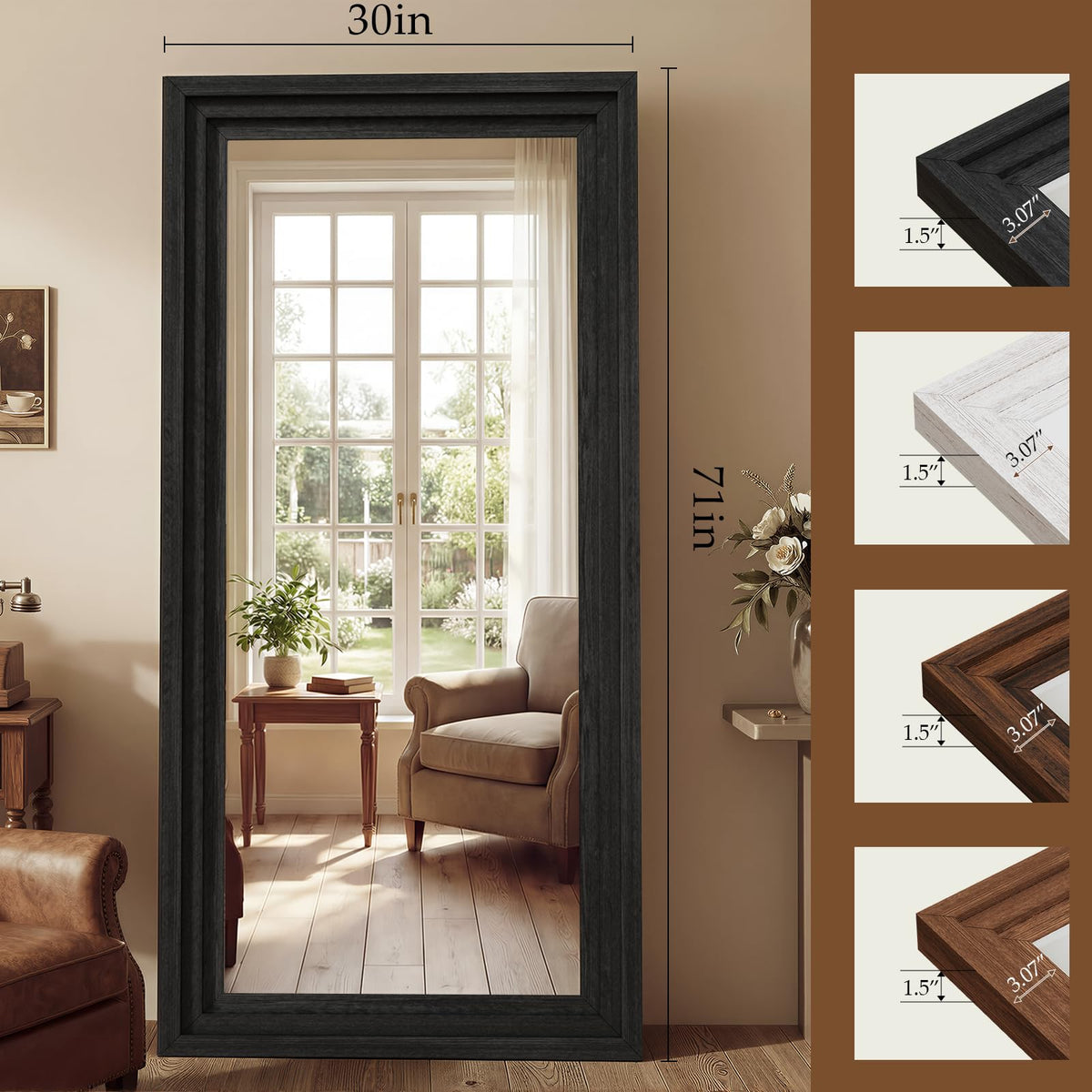 WISSMIELS Full Length Mirror 71"x30", Large Solid Wood Frame Floor Mirror, Leaning Floor Mirror, Stable Frame, Shatterproof Glass, Modern Classic Style for Bedroom, Living Room, Entryway