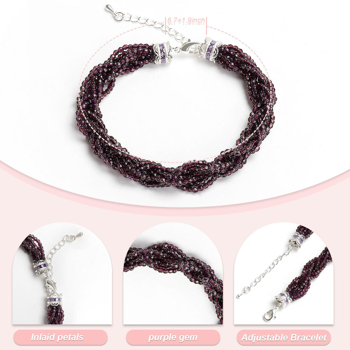 Oilcnik Purple Healing Crystal Charm Bracelet – Trendy Adjustable 7–10″ Dainty Jewelry, Perfect Friendship Bracelet & thoughtful gifts for women.