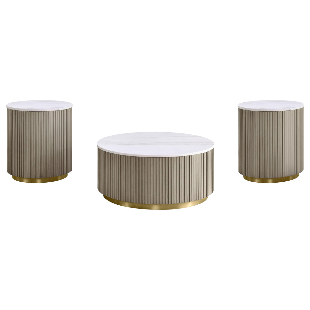 Coaster Home Furnishings - Jason - Wood and Metal - 3-Piece Coffee Table Set with Marble Tops, Reeded Drum Bases, and Gold Ring Accents - Living Room - Greige and White Marble - 711418-S3