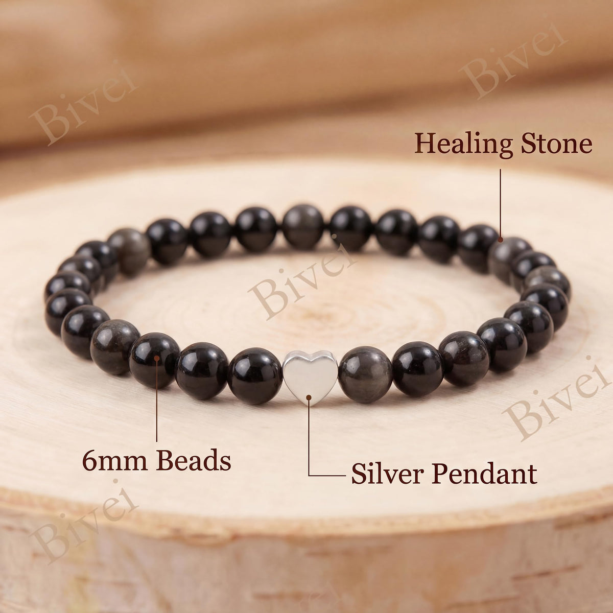 Bivei 6mm Obsidian Crystal Stretch Bracelets for Women, Handmade Natural Stone Beaded Bracelet, Yoga Protection Jewelry Gift