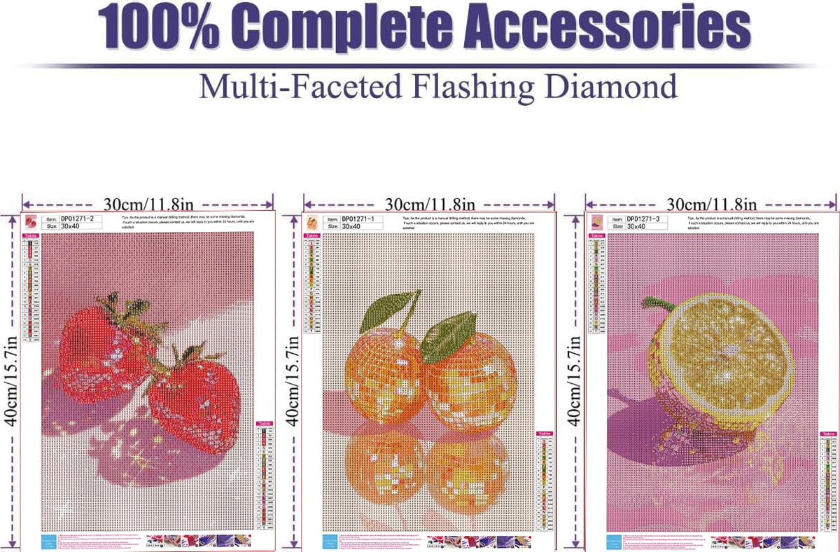 RYMILIE 3 Packs Fruit Diamond Art Kits for Adults, Cute Diamond Art Kits for Beginners-DIY 5D Gem Painting Kit for Home Wall Decor Gifts 【11.8x15.7inch】