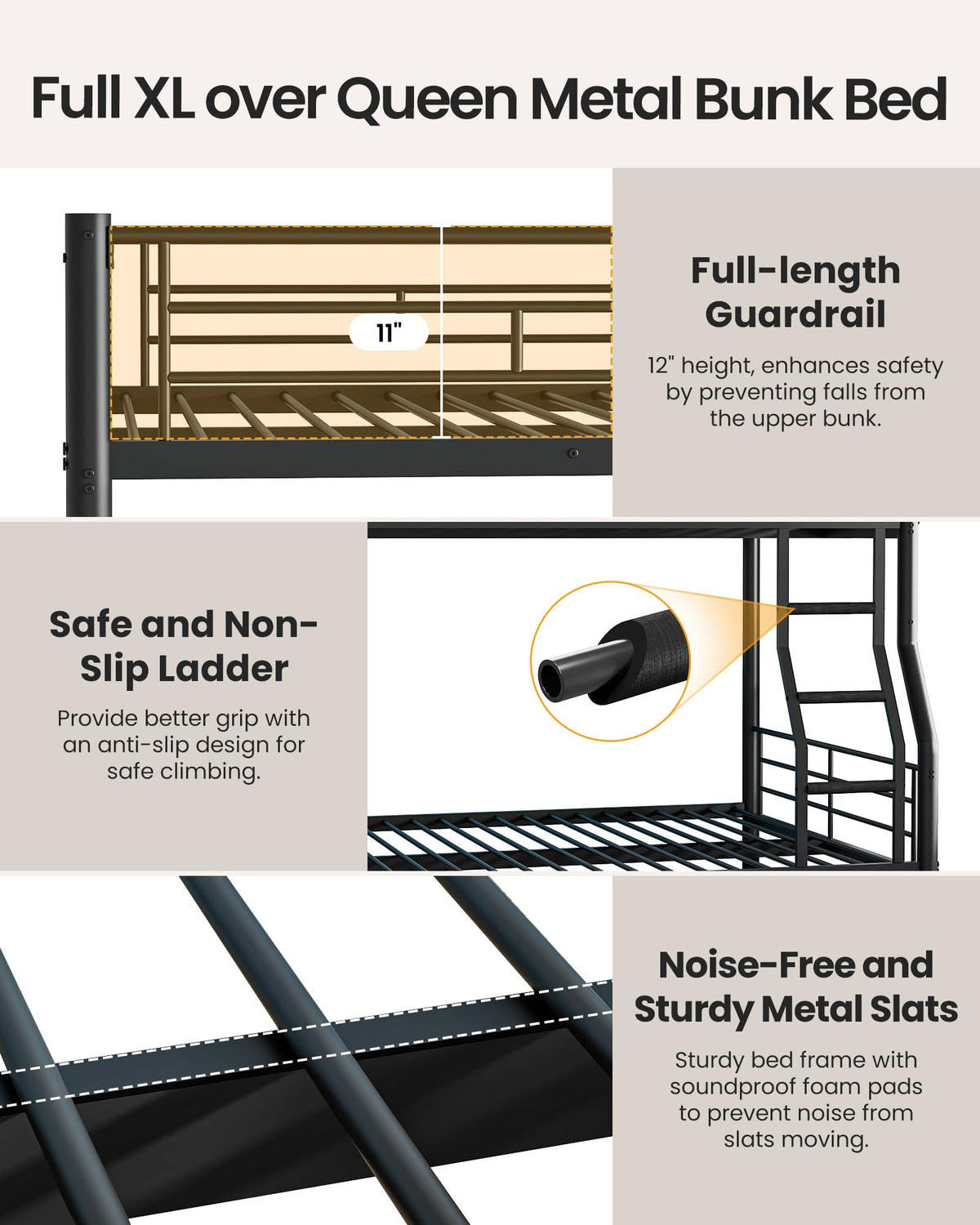 Mixcous Full XL Over Queen Bunk Bed with Trundle, Heavy-Duty Metal Bunk Bed w/Full-Length Guardrail & EVA Padded Ladder, Convertible to 3 Separate Beds for Adults, Teens, Noise-Free, Black