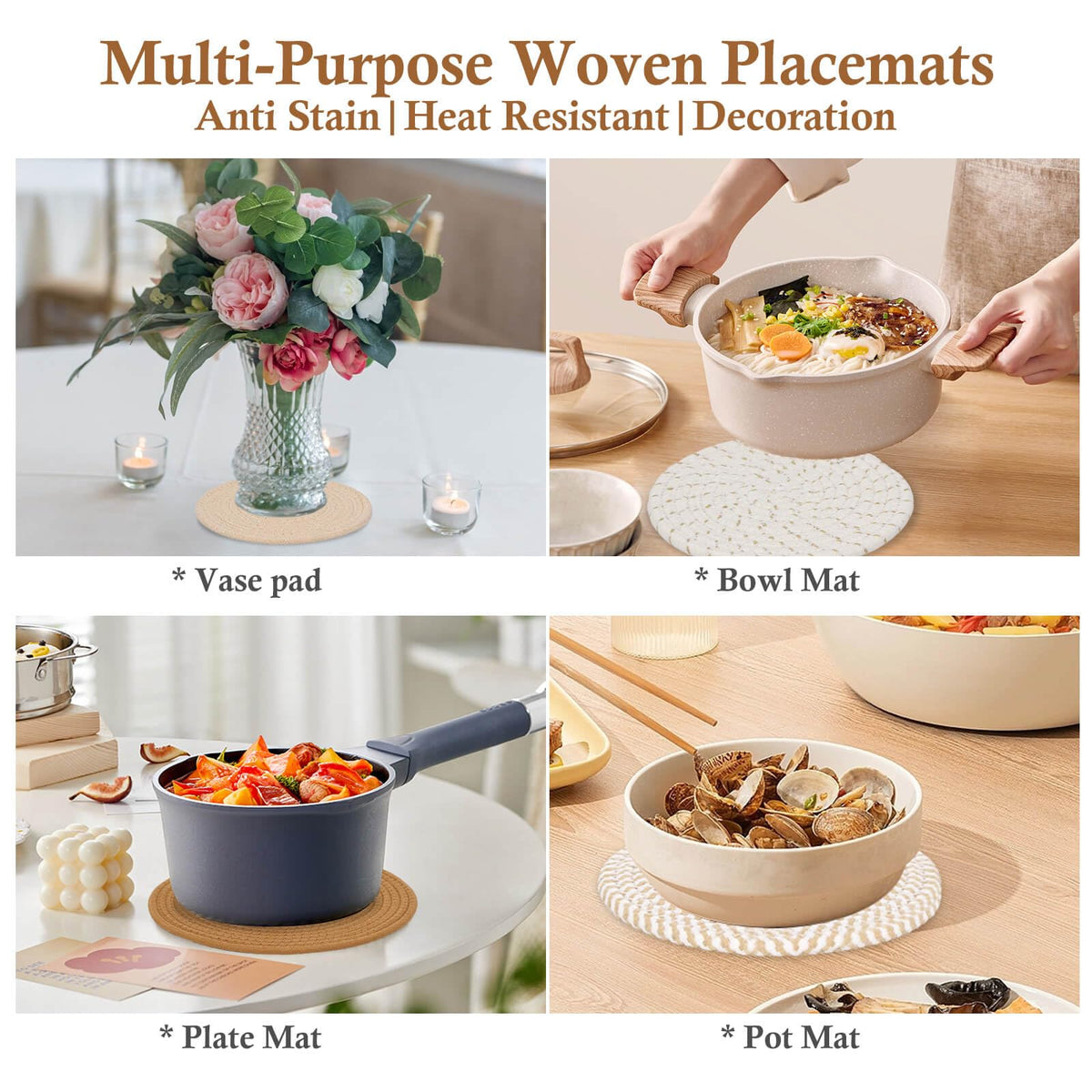 Billbotk 7" Trivets for Hot Dishes, Hot pots and Pans, 4 Heat Resistant Hot Pads, Pot Holders for Kitchen, Home Essentials for New Home and Farmhouse Decor, Fall Decorations for Home(Brown)