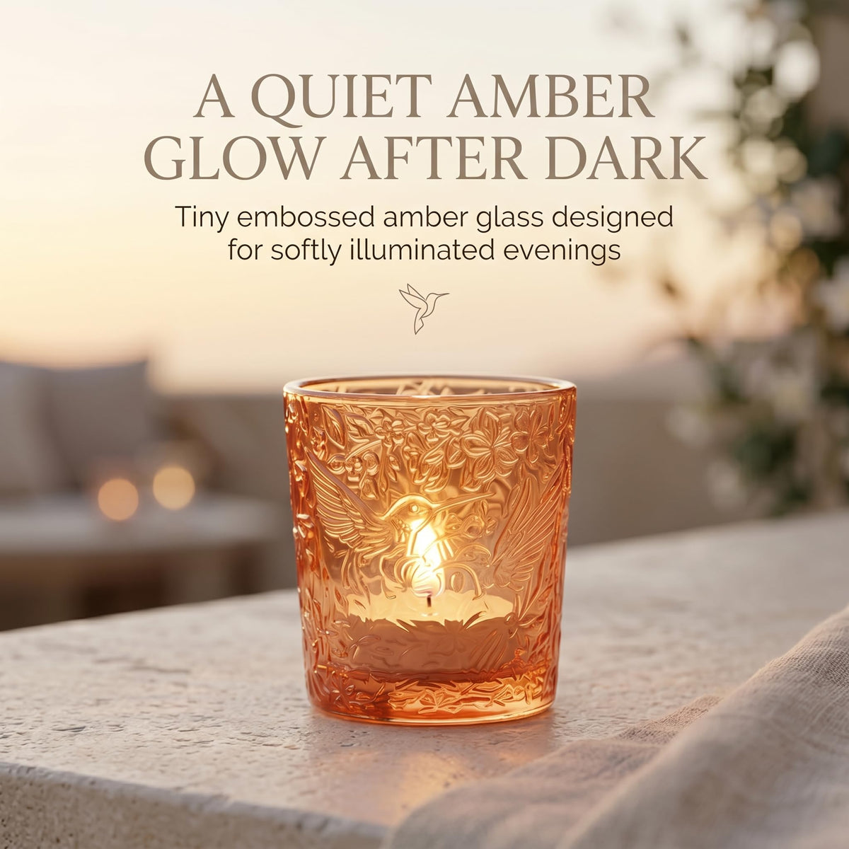 12 Pack Hummingbird Embossed Glass Candle Holders – Votive Tealight Holders with Patent Design, Decorative Embossed Glass Cups for Wedding Centerpieces, Parties, and Home Décor (Pumpkin Spice)