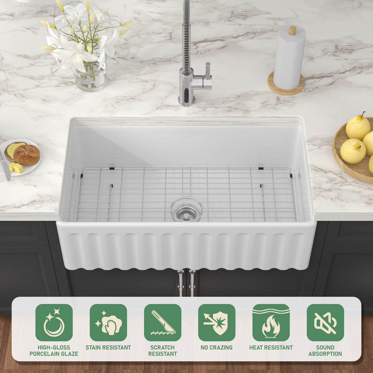 Couoko White Farmhouse Sink 33 Inch Fireclay Reversible Apron Front Farm Sink 33"x18"x10" Glossy White Porcelain Farms House Style Single Bowl Farmhoues kitchen Sinks with Luxury Accessories