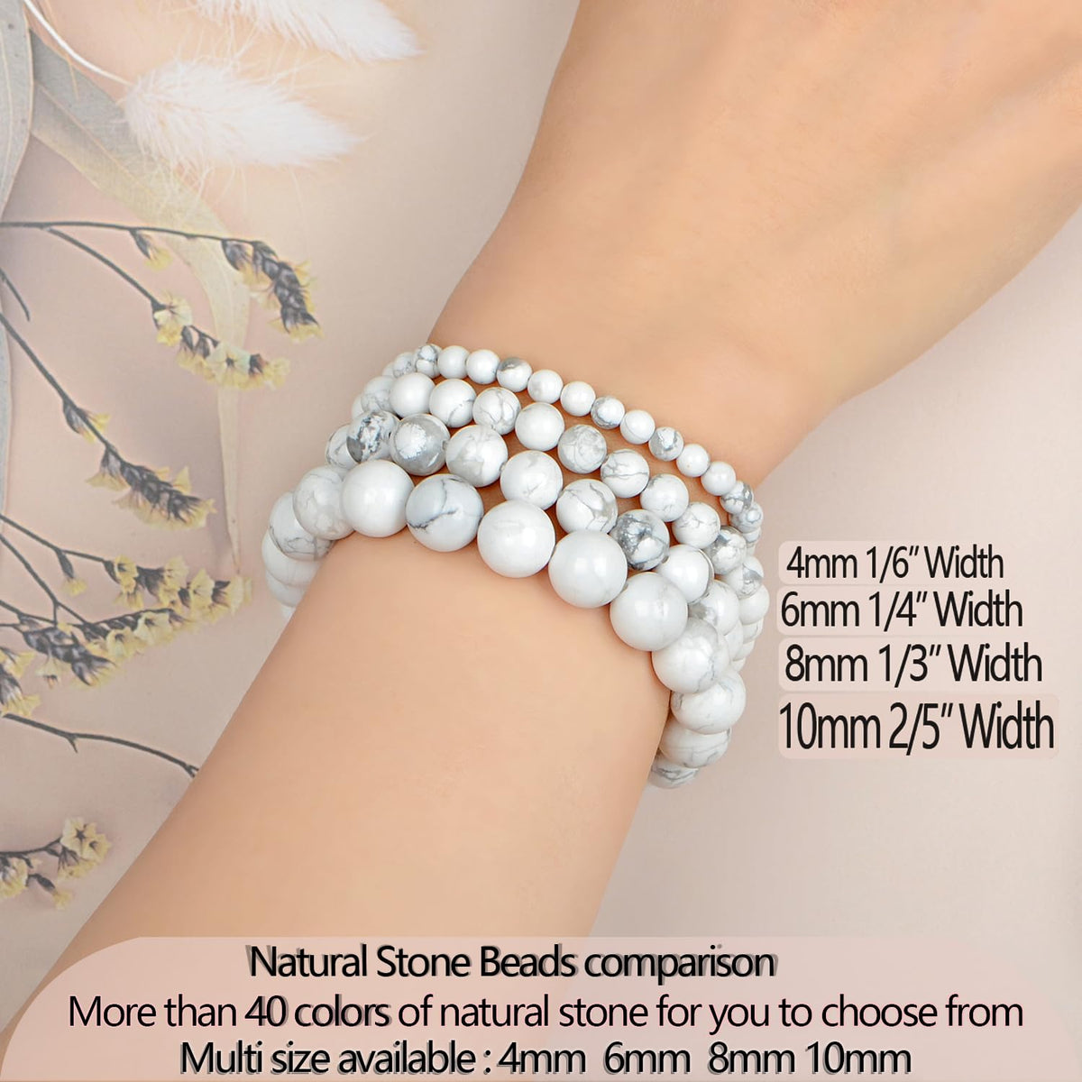LPBeads Handmade Natural Gemstone Stretch Elastic 4mm White Howlite Bracelet Healing Crystal Round Stone Beads Jewelry Gifts for Women Men