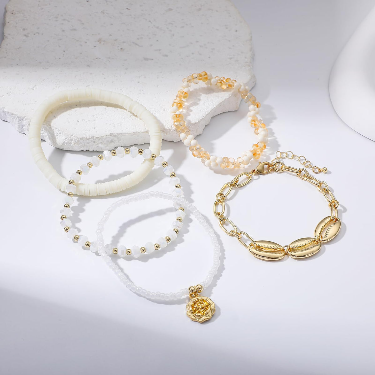 RISHEGAE Heishi Beaded Stretch Bracelets for Women Stackable Gold Polymer Clay Beads Bracelets Friendship Boho Summer Beach Bracelet Jewelry Set (E-Summer 1)