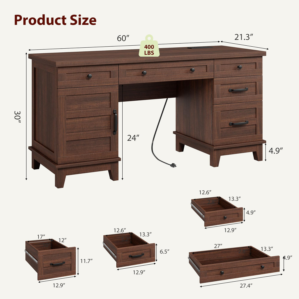 IDEALHOUSE Farmhouse Executive Desk 60 Inch, Wooden Home Office Desk with Adjustable Storage Cabinet, Built-in Charging Port, File Cabinet for Writing & Study, Elegant Workstation, Retro Brown