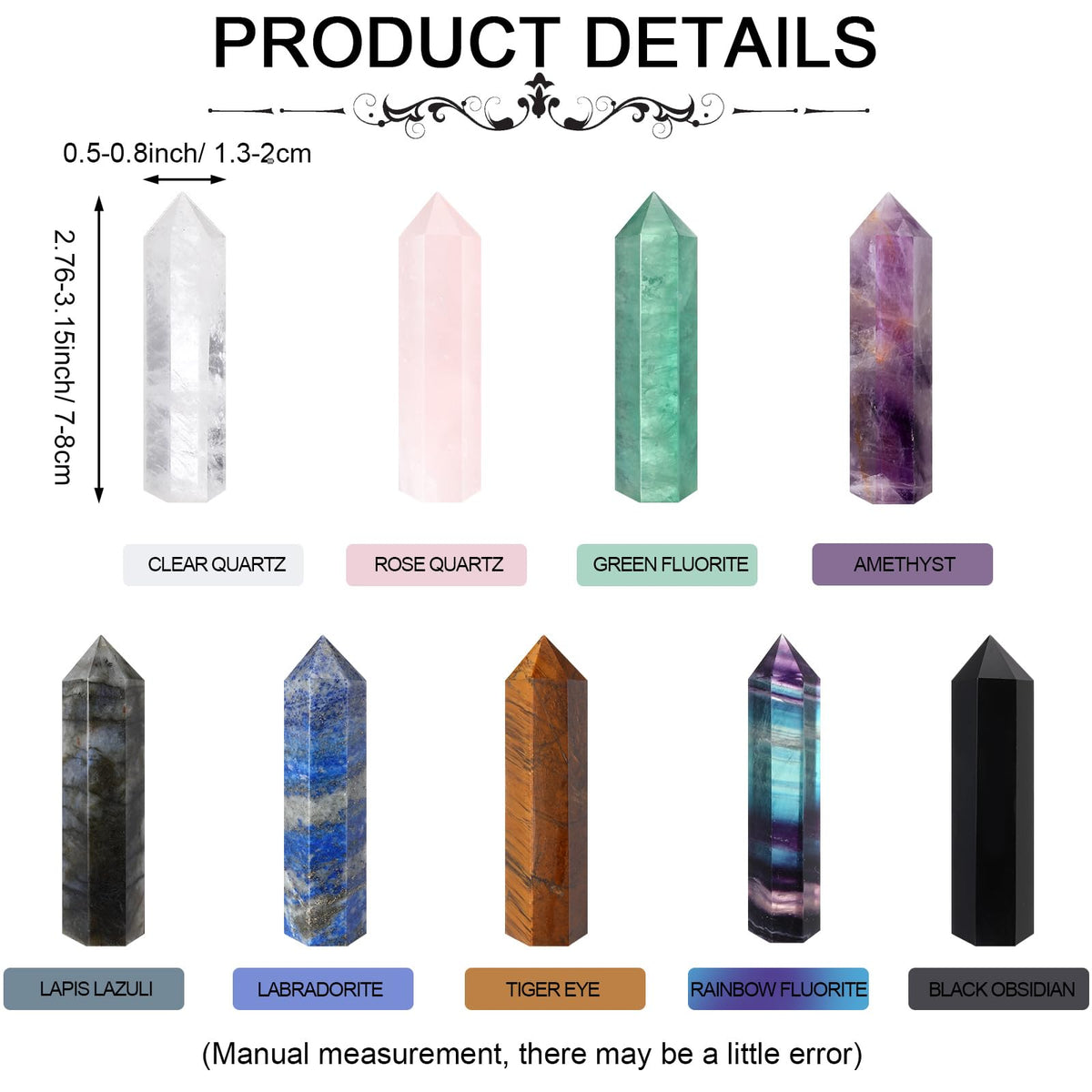 Junkin 9 Sets Healing Crystal Wand, Amethyst Rose Quartz Clear Quartz Tiger Eye Obsidian Fluorite Labradorite Lapis Lazuli for Meditation Crystal Therapy Reiki Supplies(Mixed Color,2.8-3.1 Inch)