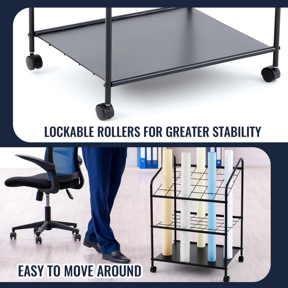 WILLBOND Blueprint Storage Rack Wire Roll File Holder with Wheels Metal Blueprint Storage Bin Cart Paper Holder Cabinet Vertical Tube Poster Organizer (30 Slots, 32.28 x18.11 x22.06 lnch)